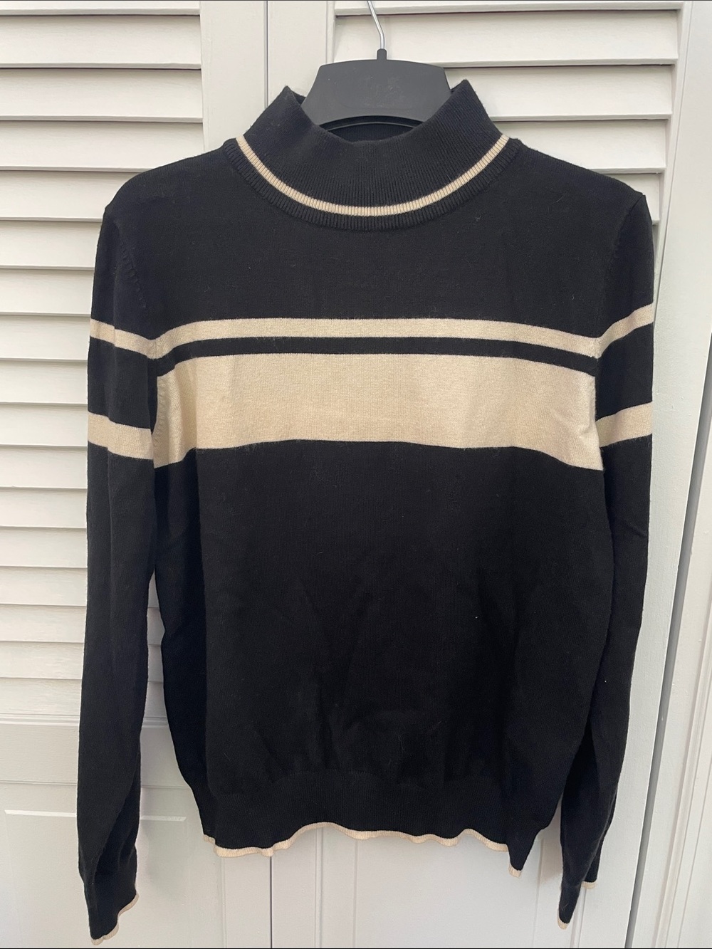 THML Black Sweater with Cream Stripes and Mock Neck